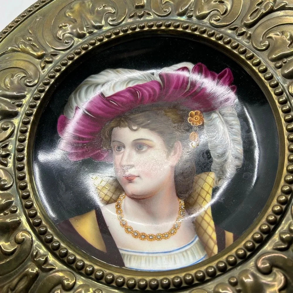 Antique Wall Plate Ornate Hand Painted Portrait Filigree Metal Circle Frame
